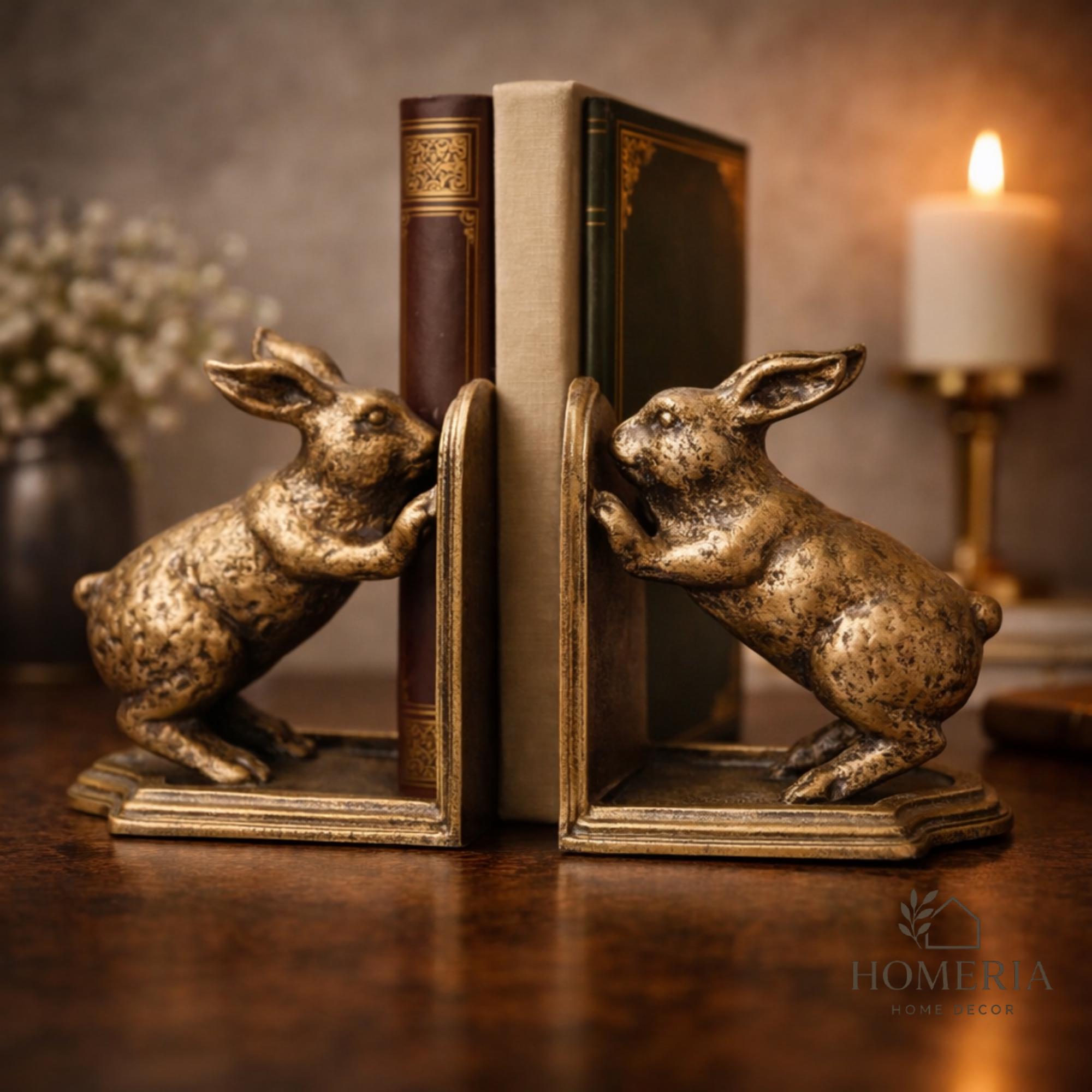 Rabbit Bookends – Vintage Bronze Bunny Sculpture Book Ends, Classic ...