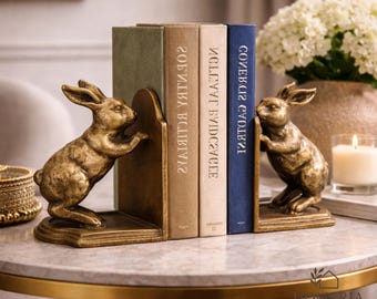 Fermalibri a forma di coniglio – Fermalibri in bronzo vintage a forma di coniglio, decorazione classica per mensole a forma di animale, complemento d'arredo per la casa in stile cottagecore.