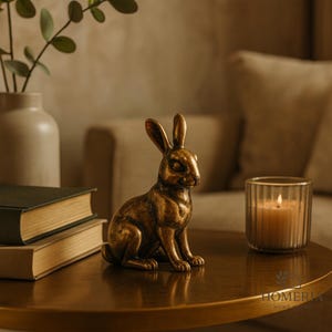 May include: A bronze-colored rabbit figurine sits on a gold-toned table. The rabbit is in a seated position with its ears erect. A lit candle in a glass holder and two books are also on the table. A vase with greenery is in the background.