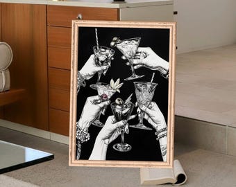 May include: A framed black and white illustration of six hands holding up martini glasses filled with various cocktails. The background is black.