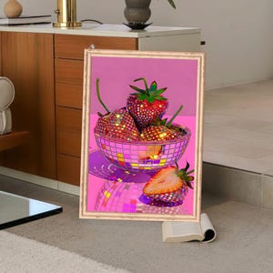 Pink Disco Strawberries Art Print | Wall Art Poster | Glam Disco Ball Red Strawberries | Preppy | Trendy | Kitchen Decor | Digital PRINTABLE