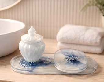 Handmade Resin Vanity Tray Set with Jar | Frosted Blue Floral Décor, Organizer