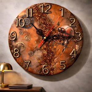 Steampunk Resin Wall Clock | Copper Industrial Gears, Mechanical Art Decor
