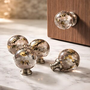 Gold Leaf Resin Globe Drawer Knobs – Crystal Clear Cabinet Pulls – Handmade Furniture Hardware