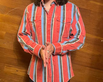 VINTAGE Wrangler Brushpopper Storlek M 16-33 Randig Button Down Cowboy Western
