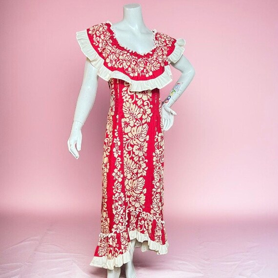 VINTAGE 80s Royal Hawaiian Tiki Maxi Dress Size 8… - image 1