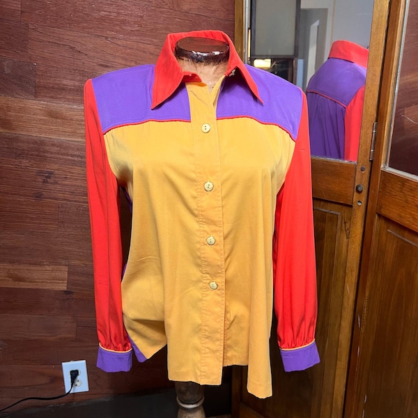 VINTAGE 80s Lilli Ann Silk Button Up Blouse Western Colorblock Retro Collection