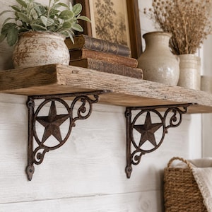 Set of 2 Western Star Cast Iron Shelf Brackets, Rustic Ranch Farmhouse Decor