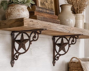 Set of 2 Western Star Cast Iron Shelf Brackets, Rustic Ranch Farmhouse Decor