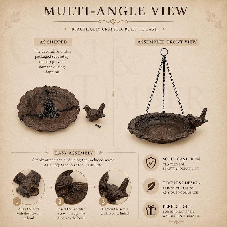 Cast Iron Hanging Bird Bath Feeder, Rustic Garden Decor, Cottage Garden Accent bild 5