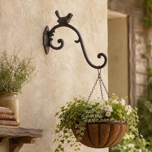 May include: A dark brown metal wall bracket featuring a decorative bird figure on top and a curved scroll design. The bracket supports a hanging planter basket with a brown coconut fiber liner, filled with green foliage and small white flowers.