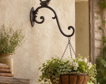 Cast Iron Songbird Plant Hanger, Rustic Scroll Wall Bracket, Garden Decor