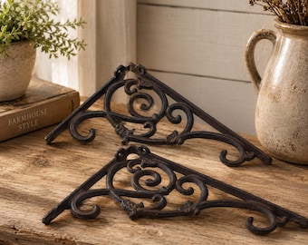 Rustic Cast Iron Vine Scroll Shelf Brackets | Farmhouse Wall Supports Set