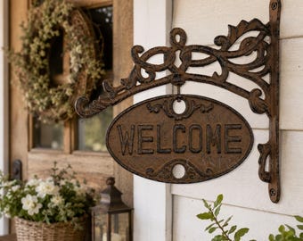 Cast Iron Rotating Welcome Go Away Sign, Double Sided Farmhouse Porch Decor