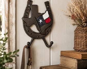 Cast Iron Texas Flag Horseshoe Wall Hook – Rustic Western Entryway Decor