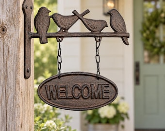 Rustic Cast Iron Bird Welcome Goodbye Sign, Double Sided Hanging Porch Decor