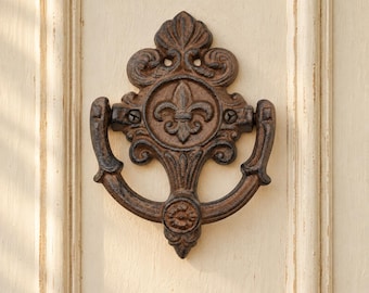 French Country Cast Iron Fleur de Lis Door Knocker, Antique Brown Scrollwork