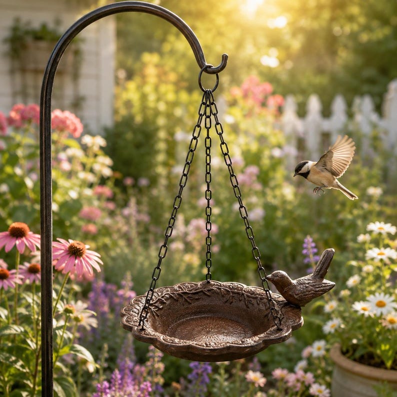 Cast Iron Hanging Bird Bath Feeder, Rustic Garden Decor, Cottage Garden Accent bild 4