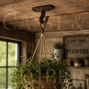 May include: A dark brown cast iron ceiling hook with a mounting plate attached to a wooden surface. A woven basket planter containing a green leafy plant hangs from the hook by four thin jute ropes connected to a central metal ring.