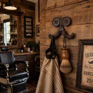 May include: A dark metal wall hook shaped like a mustache with two circular top mounts. A tan and black striped apron with a black leather strap and a wooden-handled shaving brush with light brown bristles are hanging from the metal hook.