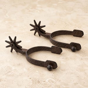 May include: A pair of dark brown, textured metal spurs, each featuring a U-shaped heel band with rounded ends and a rotating rowel with eight sharp, star-shaped points attached to the rear of the frame, showcasing a weathered, rustic finish.