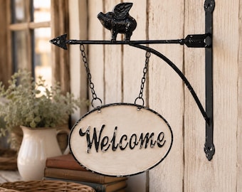 Cast Iron Flying  Pig Welcome Sign, Rustic Farmhouse Porch Decor