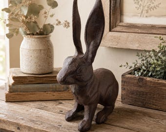 Cast Iron Belgian Hare Rabbit Statue, Rustic Farmhouse Bunny Decor, Garden Figurine