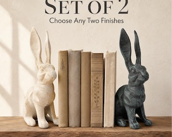 Set of 2 Cast Iron Belgian Hare Rabbit Statues, Choose Colors, Decorative Bookends, Farmhouse Bunny Decor
