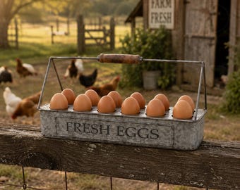 Galvanized Tin Egg Holder, 12 Egg Farmhouse Caddy with Wood Handle