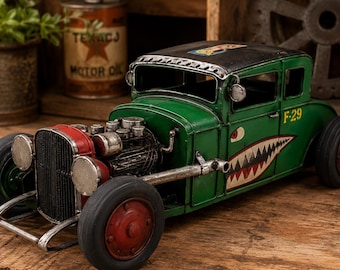 Handcrafted Tin Hot Rod Sculpture, Distressed Green Rat Rod, Classic Car Garage Decor