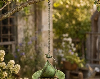 Verdigris Hanging Bird Feeder Tray, Rustic Metal Garden Decor with Bird Accent
