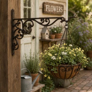 May include: A black metal wall-mounted plant bracket with ornate scrollwork, featuring a hook at the end. A hanging basket with a brown coconut fiber liner and green foliage with small yellow and white flowers is suspended by three metal chains.