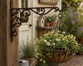 Ornate Cast Iron Plant Hanger, Distressed Brown Wall Bracket for Baskets, Lanterns, Wind Chimes