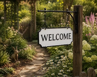 Farmhouse Welcome Hanging Sign, Double Sided Porch Decor, Rustic Entryway Gate Sign