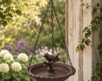 Rustic Cast Iron Hanging Bird Bath Feeder, Farmhouse Garden Decor, Decorative Bird Centerpiece