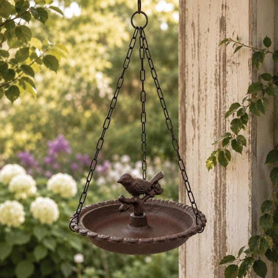 Rustic Cast Iron Hanging Bird Bath Feeder, Farmhouse Garden Decor, Decorative Bird Centerpiece