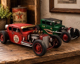 Set of 2 Vintage Tin Hot Rod Cars, Garage Legends Collection, Hand-Painted Distressed Finish
