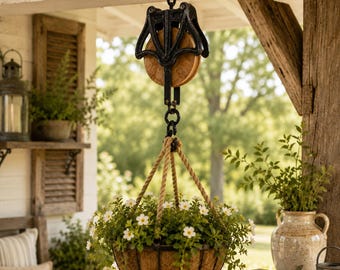 Cast Iron Wood Pulley Hanger, Rustic Barn Plant Hanger, Farmhouse Porch Decor