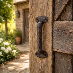 May include: A dark, textured, cast iron door handle with a curved grip and two oval mounting plates, each secured by two black screws. The handle is mounted vertically onto a weathered, light brown wooden door surface with visible grain.