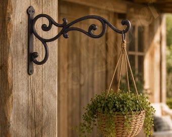 Cast Iron Double Scroll Plant Hanger, 12.5 Inch Wall Bracket, Farmhouse Garden Decor