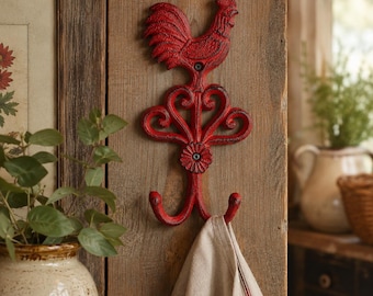 Cast Iron Rooster Double Wall Hook, Rustic Farmhouse Key Holder, Country Kitchen Decor
