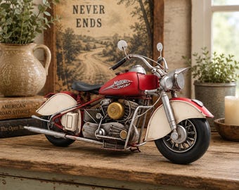 Handcrafted Tin Motorcycle Model, Distressed Red Biker Sculpture, Garage Man Cave Decor