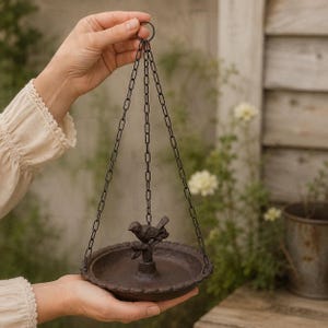 Rustic Cast Iron Hanging Bird Bath Feeder, Farmhouse Garden Decor, Decorative Bird Centerpiece afbeelding 4