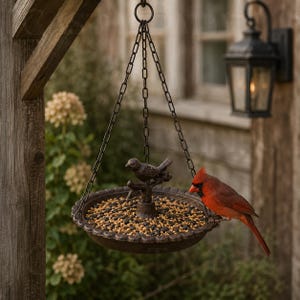 Op de afbeelding: Een hangende vogelvoederbak van donker metaal met een kom met geschulpte rand, gevuld met gemengde zaden. Een klein metalen vogelbeeldje zit op een centrale zitstok. De voederbak hangt aan drie dunne metalen kettingen aan een ring.