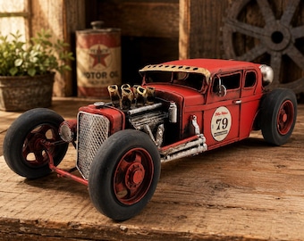 Vintage Red Hot Rod Tin Metal Car Sculpture | Racing Decor, Garage Man Cave Accent