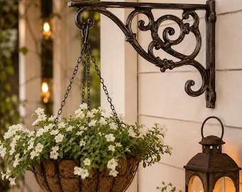Cast Iron Hanging Basket Bracket, Victorian Scroll Plant Hanger, Rustic Brown Finish