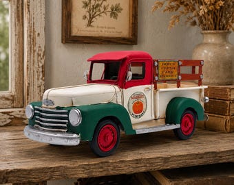 Vintage Pumpkin Truck Decor | Farmhouse Fall Tabletop Accent, Tin Metal Harvest Truck, Autumn Thanksgiving Decoration