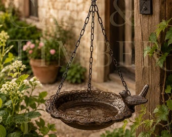 Cast Iron Hanging Bird Bath Feeder, Rustic Garden Decor, Cottage Garden Accent