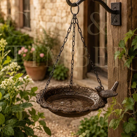 Cast Iron Hanging Bird Bath Feeder, Rustic Garden Decor, Cottage Garden Accent