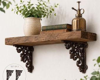 Set of 2 Cast Iron Shelf Brackets, Rustic Farmhouse Scroll Corbels, 4-Inch Decorative Supports